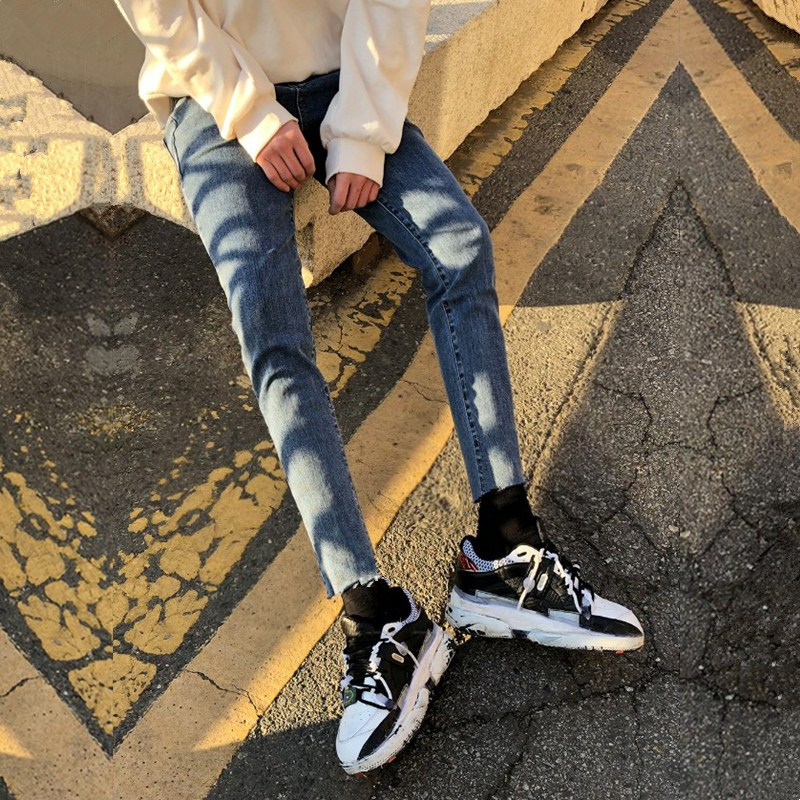 潮流九分裤新款男修身小脚裤子男韩版百搭显瘦休闲弹力纯色牛仔裤
