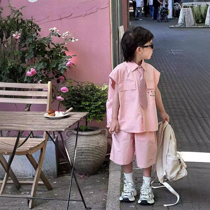 貌貌妈家夏季新款韩版男女童工装多巴胺粉色3件套儿童上衣+短裤潮
