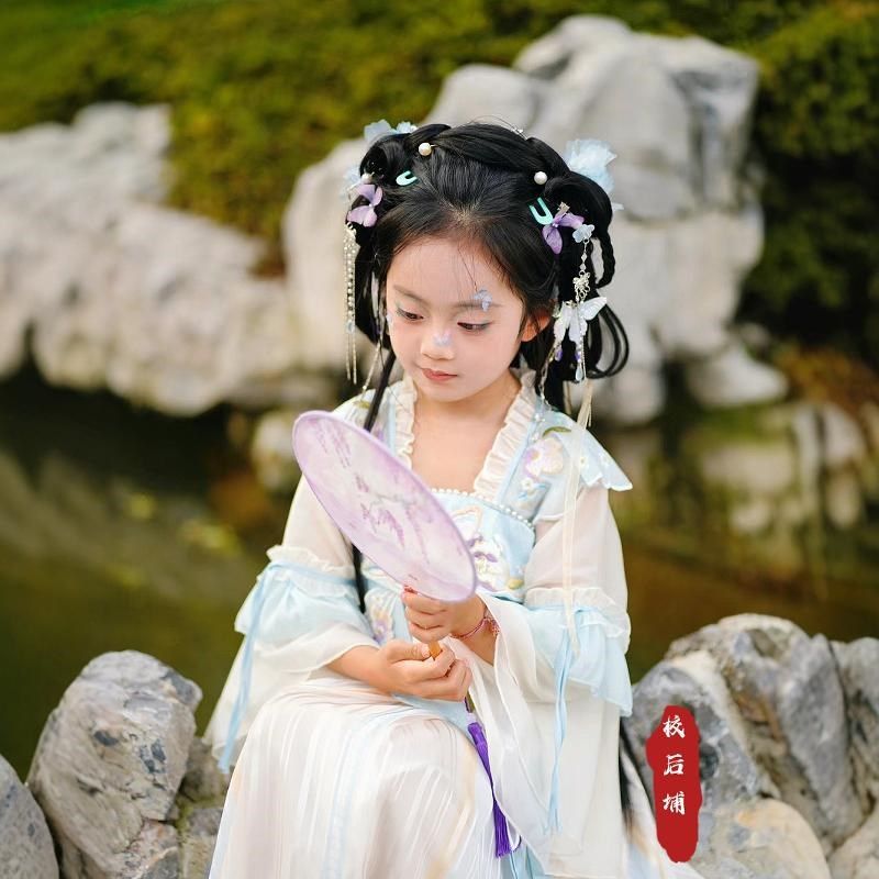 女童汉服儿童中国风古装超仙襦裙长袖连衣裙古风秋季中秋嫦娥清蓝
