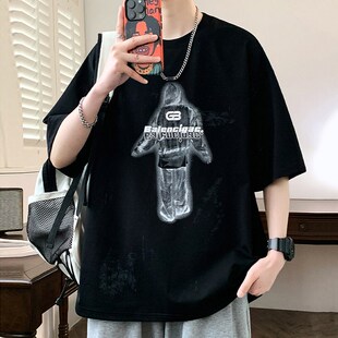 t恤青少年宽松落肩袖 夏季 潮流圆领印花半袖 男2025新款 上衣服T 短袖