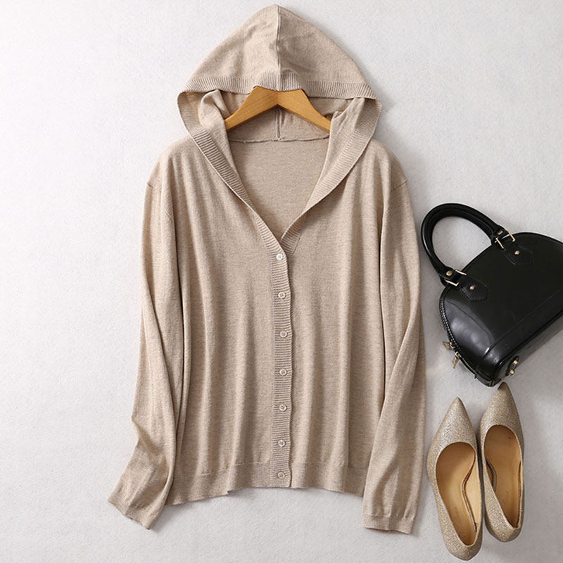 连帽针织开衫真丝羊绒混纺宽松卫衣女长袖毛衣薄款黑色弹力针织衫