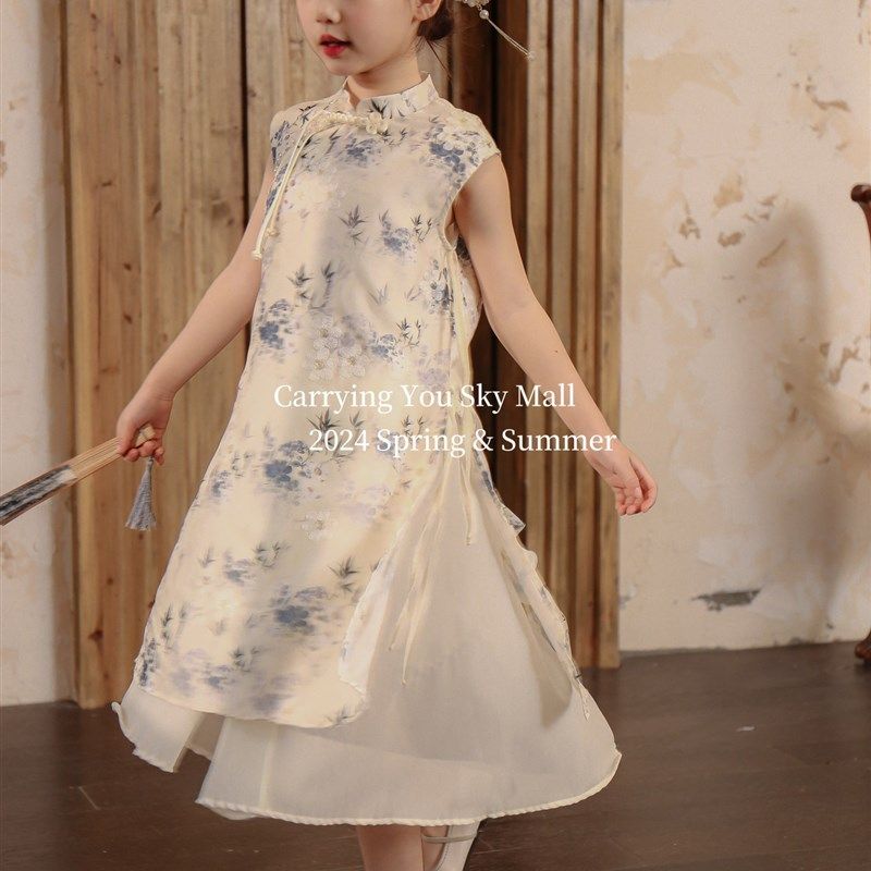 2024春夏女童新中式水墨画礼服儿童节演出服国风旗袍连衣裙