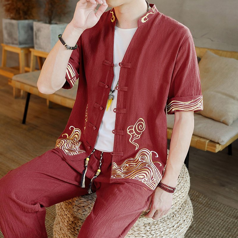 春秋季唐装男士套装中国风青年中山装中式刺绣外套复古装潮牌汉服