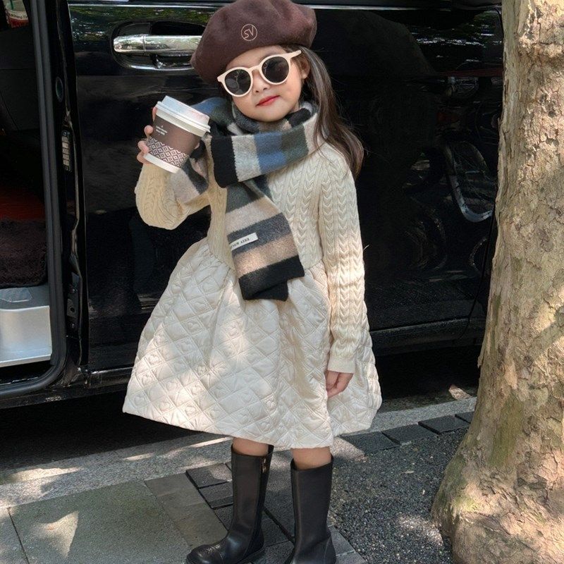 韩国童装秋冬新款连衣裙2023女童毛衣拼接夹棉半裙女宝长裙