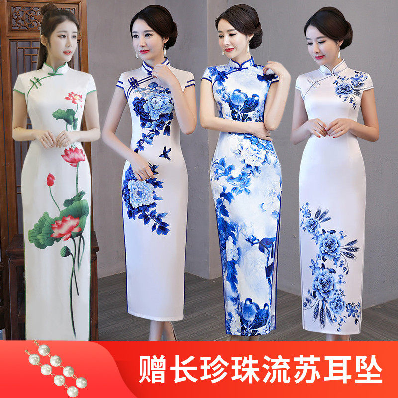 2024春季新款中长款改良旗袍年轻款少女中国风连衣裙纯白色青花瓷