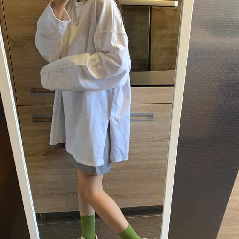 白色长袖t恤女宽松纯棉内搭两侧开叉韩版百搭中长款打底衫女春秋