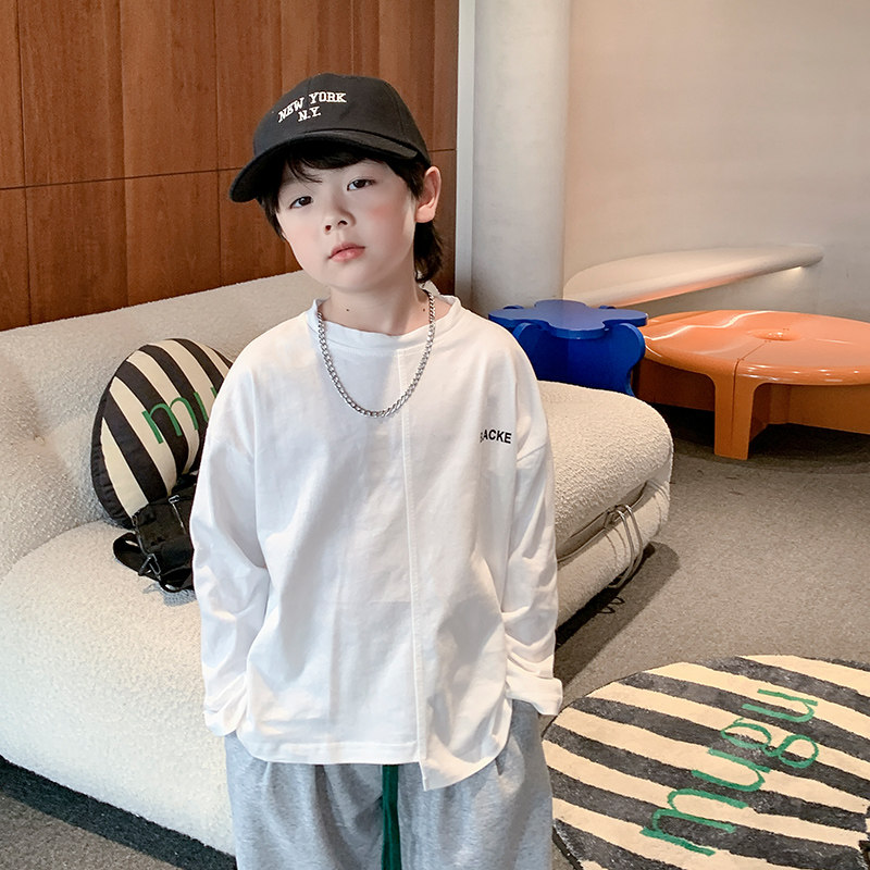 男童t恤长袖打底衫2022新款儿童休闲加绒衣服宝宝白色炸街上衣潮