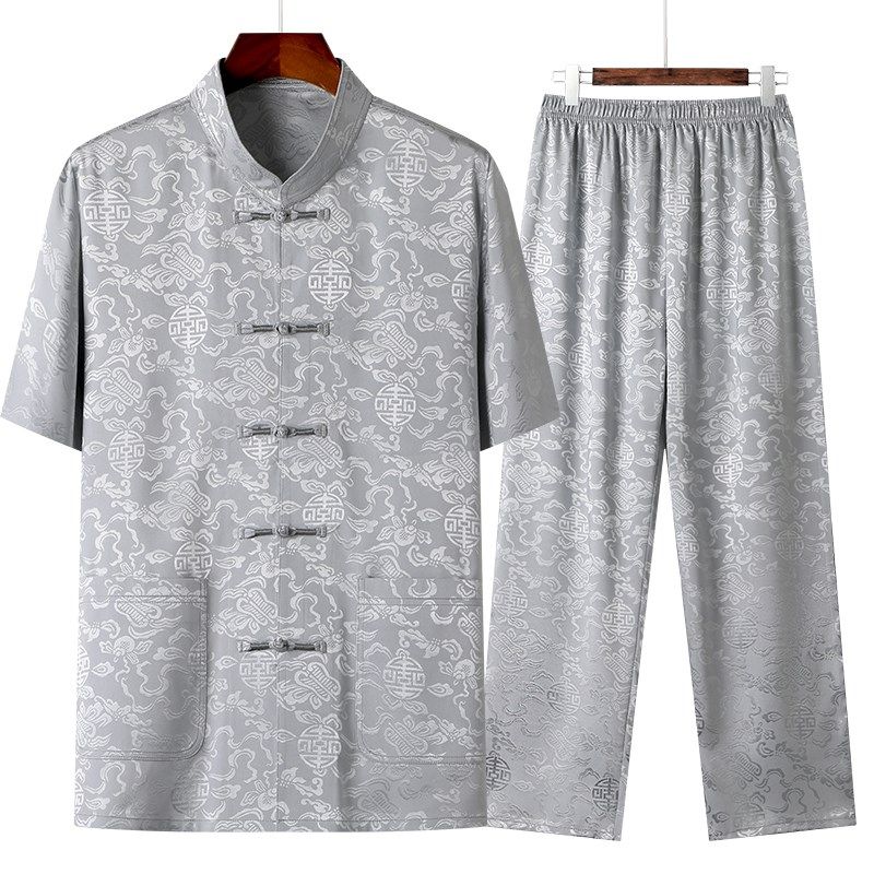 中老年唐装男夏季爸爸老年人新款短袖套装中国风男士冰丝爷爷衬衫