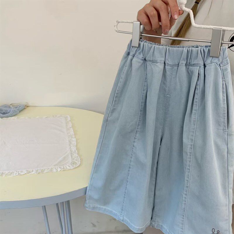 小屁股童装女童宝宝儿童夏装新款宽松阔腿裤水洗磨白9分牛仔裤