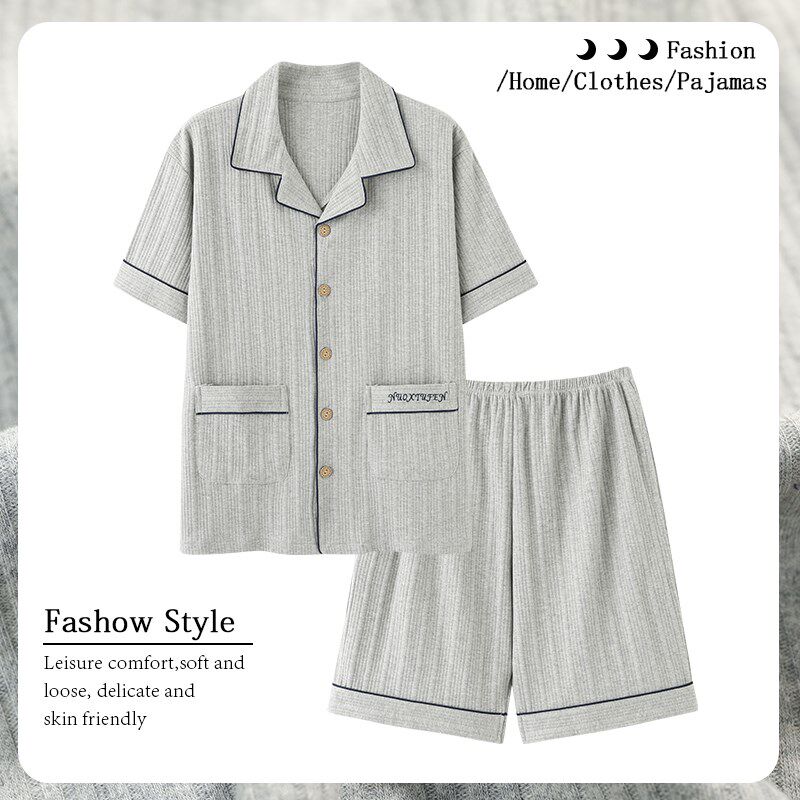 睡衣男士夏季纯棉短袖短裤开衫薄款中年爸爸套装2025年新款可外穿