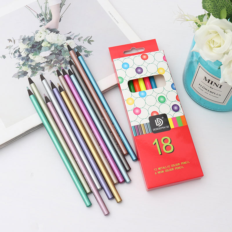 18色金属荧光彩铅12色金属色和6色荧光色彩色铅笔手绘艺柏迪嘉