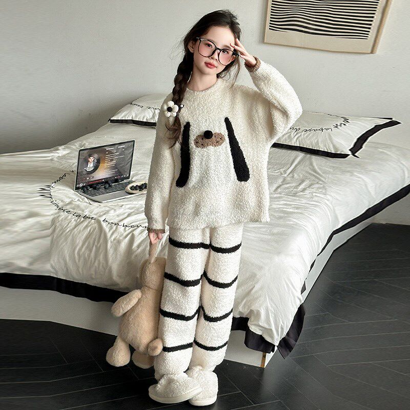 女童冬季家居服套装韩版洋气卡通套头半边绒睡衣儿童保暖法兰绒潮