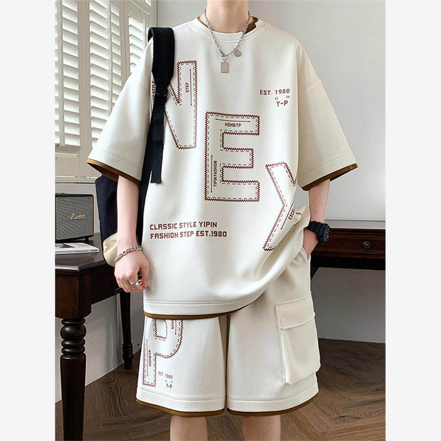 短袖短裤套装男夏季休闲冰丝t恤男装一套搭配高级感运动两件套潮