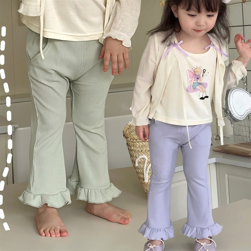 2024夏季女童薄款花边喇叭裤 女宝宝坑条棉打底裤 儿童夏季长裤