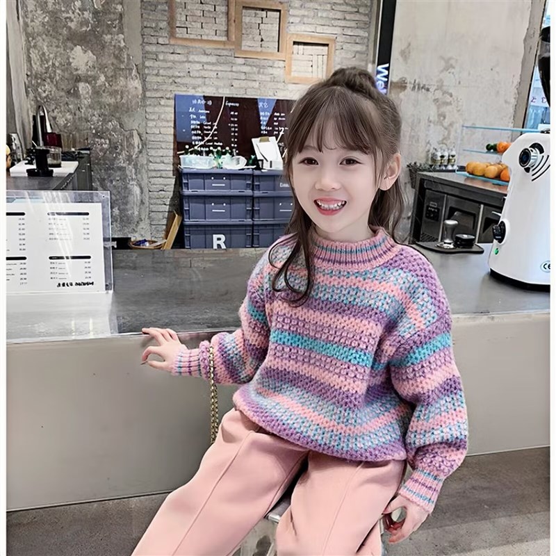 女童毛衣2023新款韩版洋派加绒加厚上衣宝宝秋冬装儿童针织毛线衫