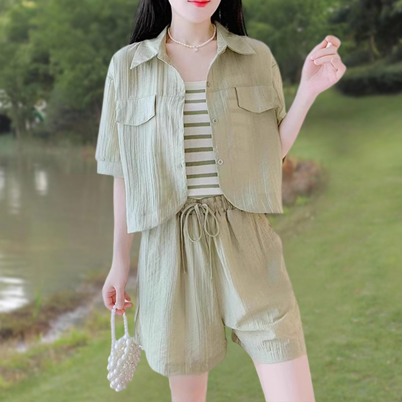2025夏防晒衬衣吊带短裤三件套胖mm时尚洋气大码女装套装夏季新款