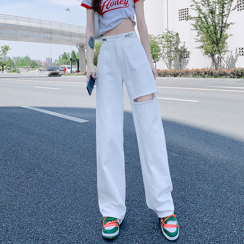 白色阔腿破洞牛仔裤女夏天薄款2021年新款高腰直筒宽松垂感拖地裤