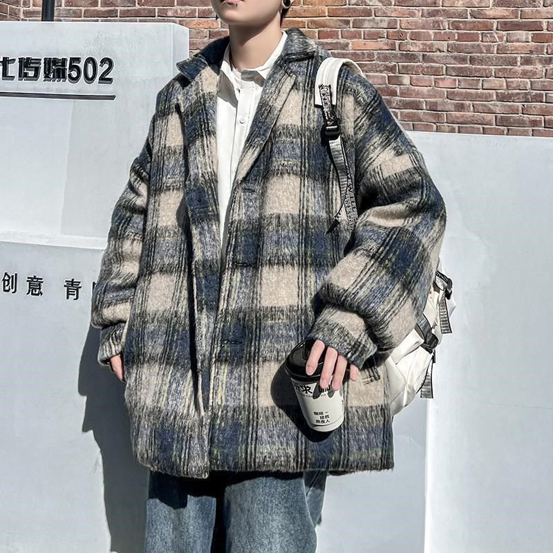 港风男装毛呢格子短款大衣男2024冬季新款宽松外套休闲潮流风衣男