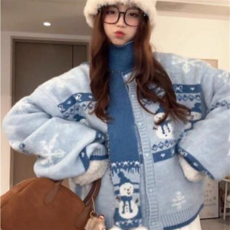 费尔岛雪人蓝色开衫毛衣女款2024年新款秋冬季加厚慵懒风针织外套