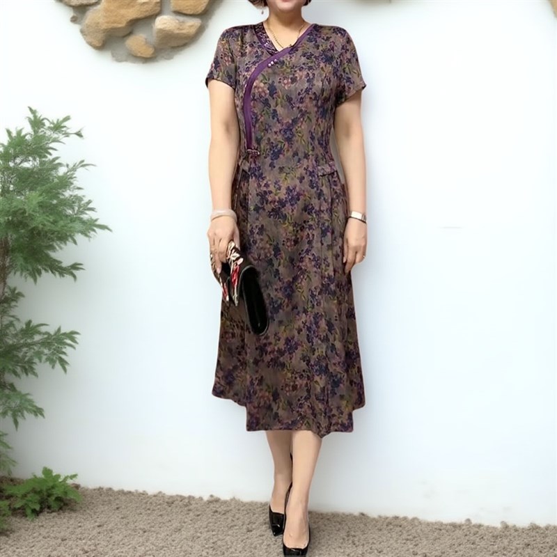 妈妈夏季短袖连衣裙碎花长裙时尚显示洋气中老年大码女装连衣裙子