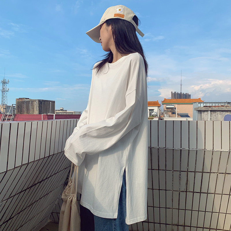 白色t恤女纯棉长袖春秋季宽松中长款百搭纯色开叉韩版内搭打底衫