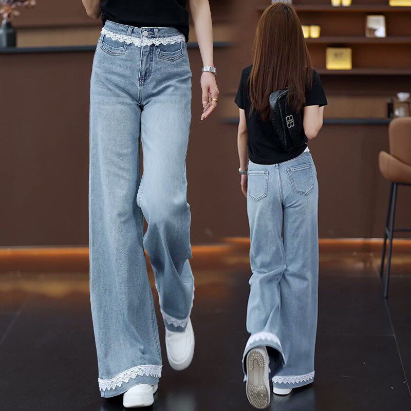 蕾丝设计感浅蓝色直筒微喇牛仔裤女夏季2025新款高腰垂感阔腿裤子