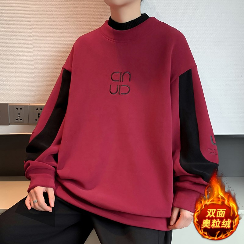 青少年双面奥粒绒半高领卫衣男秋冬季新品日系复古拼色外衣厚外套