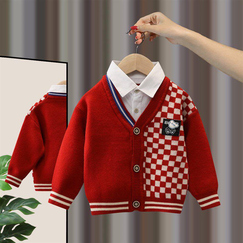 男童假两件毛衣春秋儿童针织开衫洋派宝宝羊绒衫外套婴儿秋装上衣