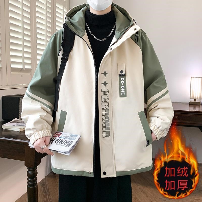 加绒加厚男士外套冬季潮流韩版工装夹克青少年学生男装休闲上衣服