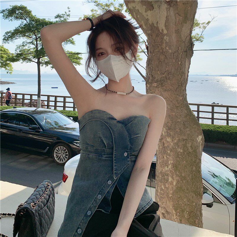 纯欲风辣妹不规则牛仔吊带背心女夏外穿收腰显瘦设计感抹胸上衣