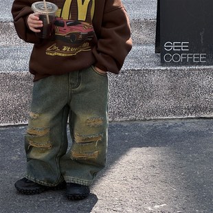 男童裤子中小童冬季休闲直筒长裤男孩美式复古加绒加厚破洞牛仔裤