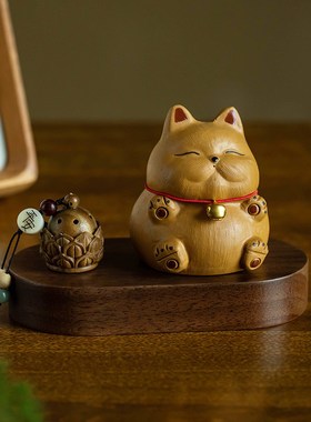 宜兴紫砂可爱招财猫汽车摆件香薰车内铃铛胖财家居装饰实木底座