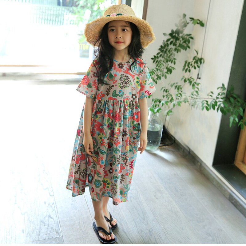 女童洋装2023夏装韩版洋派女大童棉麻中长版小碎花裙子夏薄款潮