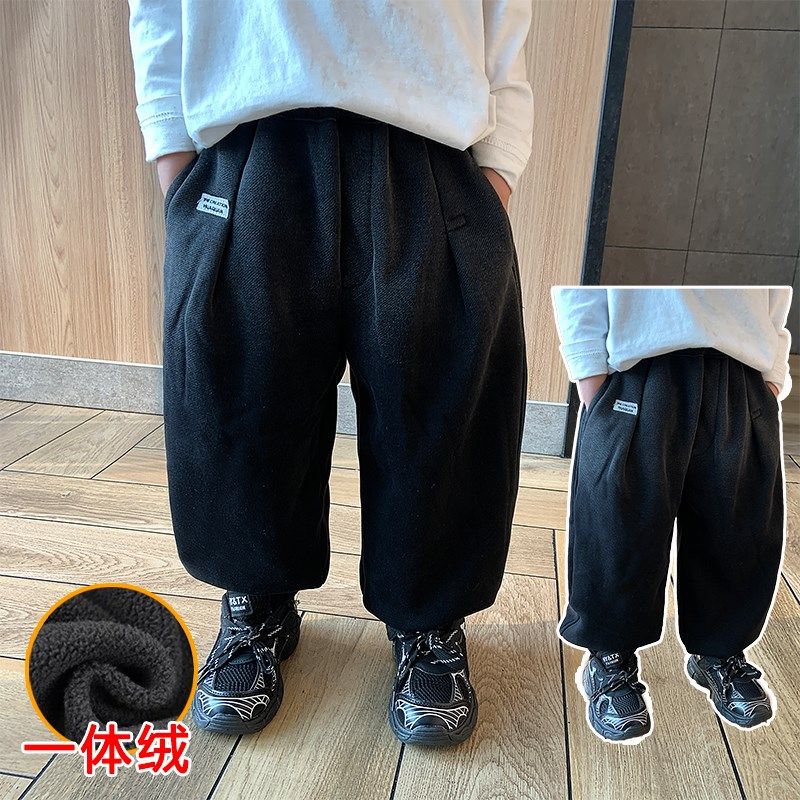 儿童加绒长裤子一体绒2023冬装韩系男童加厚休闲裤弹力宝宝哈伦裤