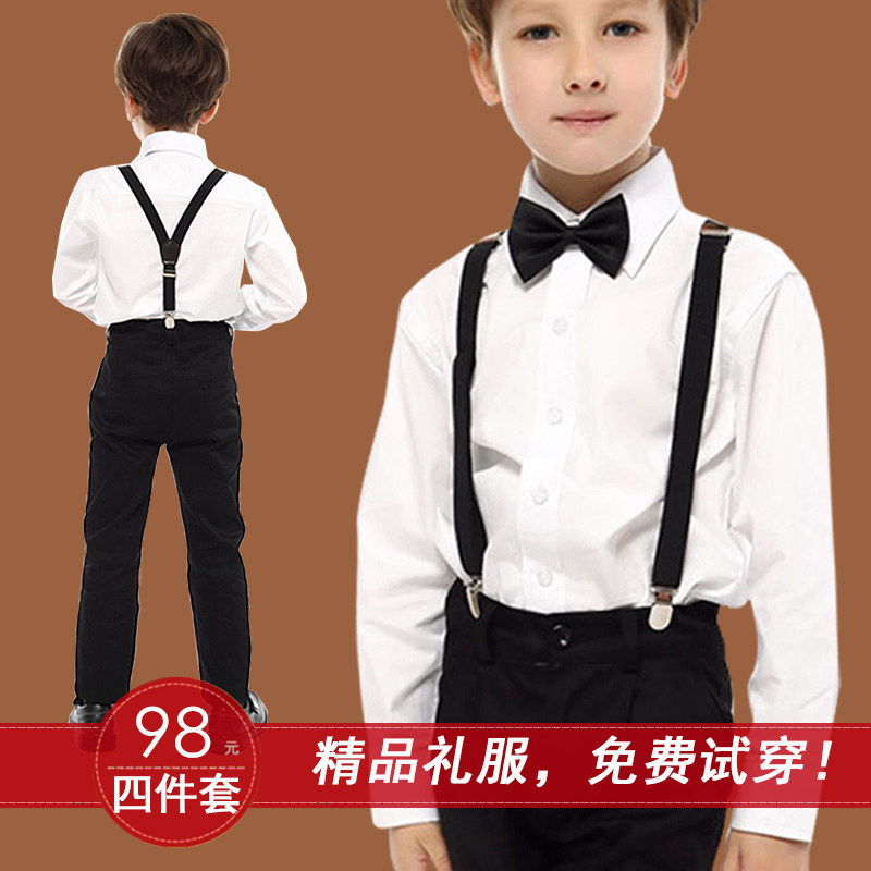 儿童礼服主持人合唱朗诵演奏纯棉背带裤演出男童白衬衫黑裤子套装