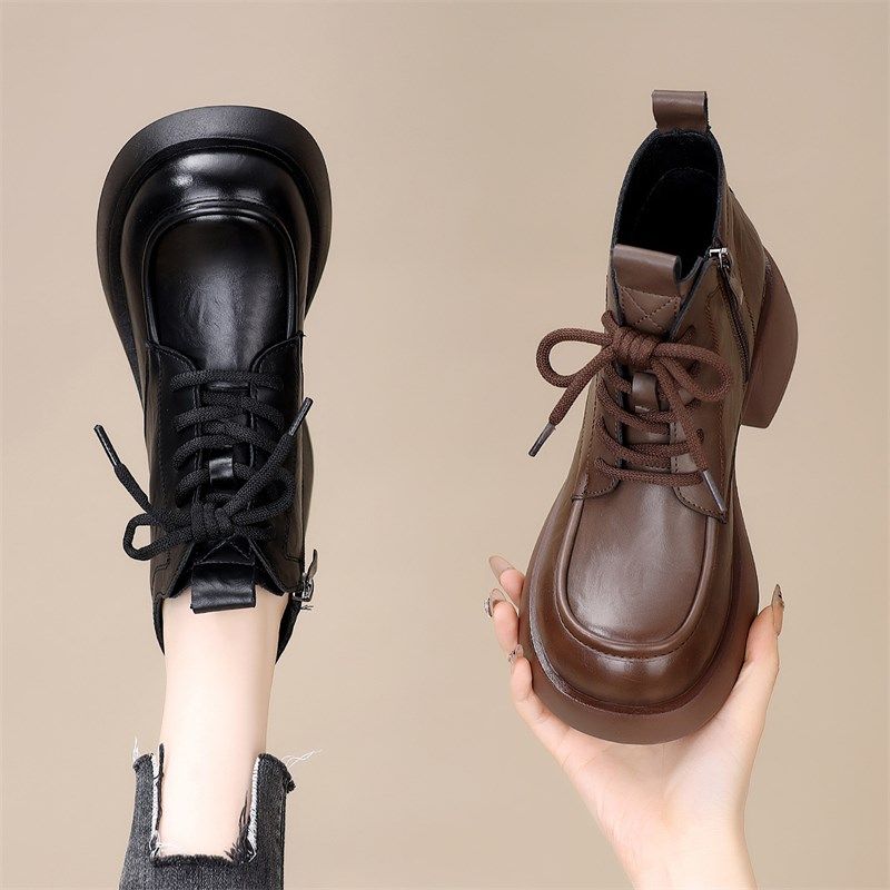 真皮粗跟马丁靴女2024秋冬季新款加绒短筒小个子增高配裙子短靴子