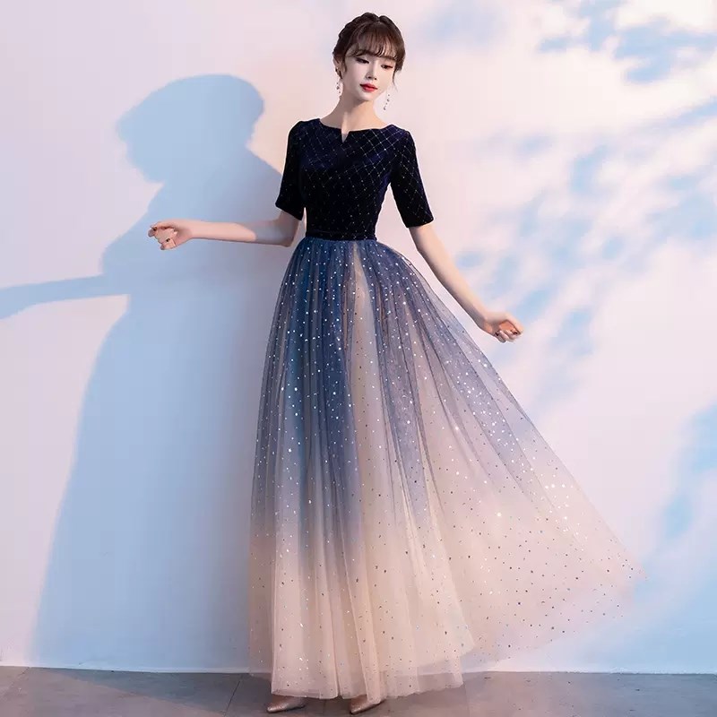 晚礼服女大合唱团演出服女年会主持气质舞蹈服装长版裙秋冬高档