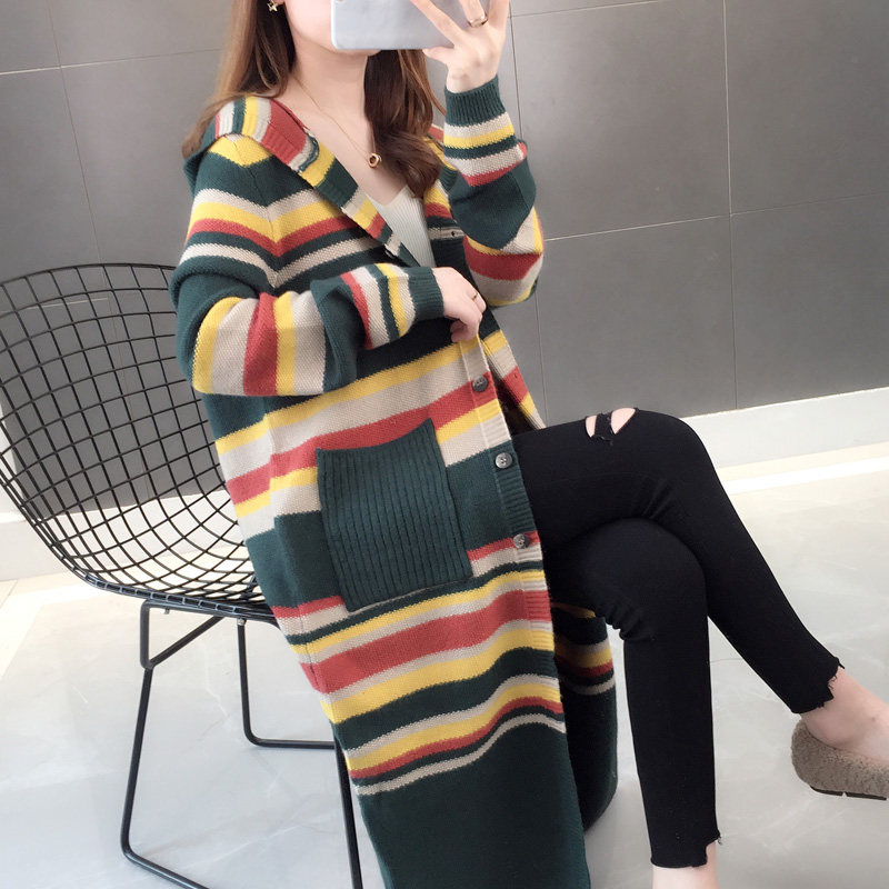 韩版条纹中长款针织开衫女秋冬季新款洋气慵懒风过膝毛衣外套
