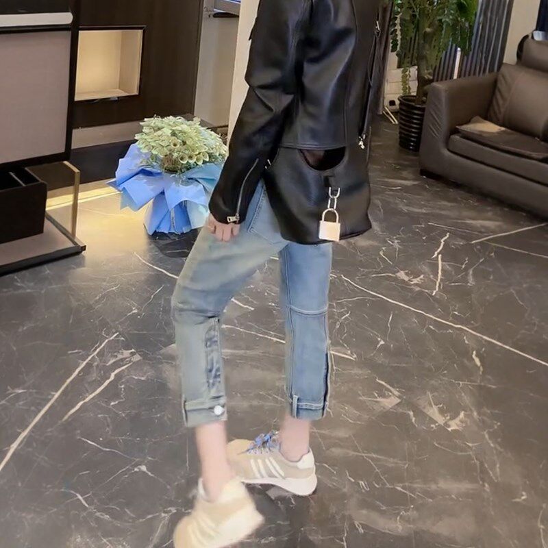 春季新款高腰弹力显瘦窄版直筒牛仔裤大码女装百搭修身八分烟管裤