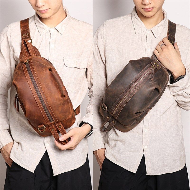 真皮休闲复古户外斜挎包头层牛皮背包时尚简约新款男士疯马皮胸包,箱包皮具/热销女包/男包,胸包,淘宝优惠券,粉丝福利购,淘宝优惠卷
