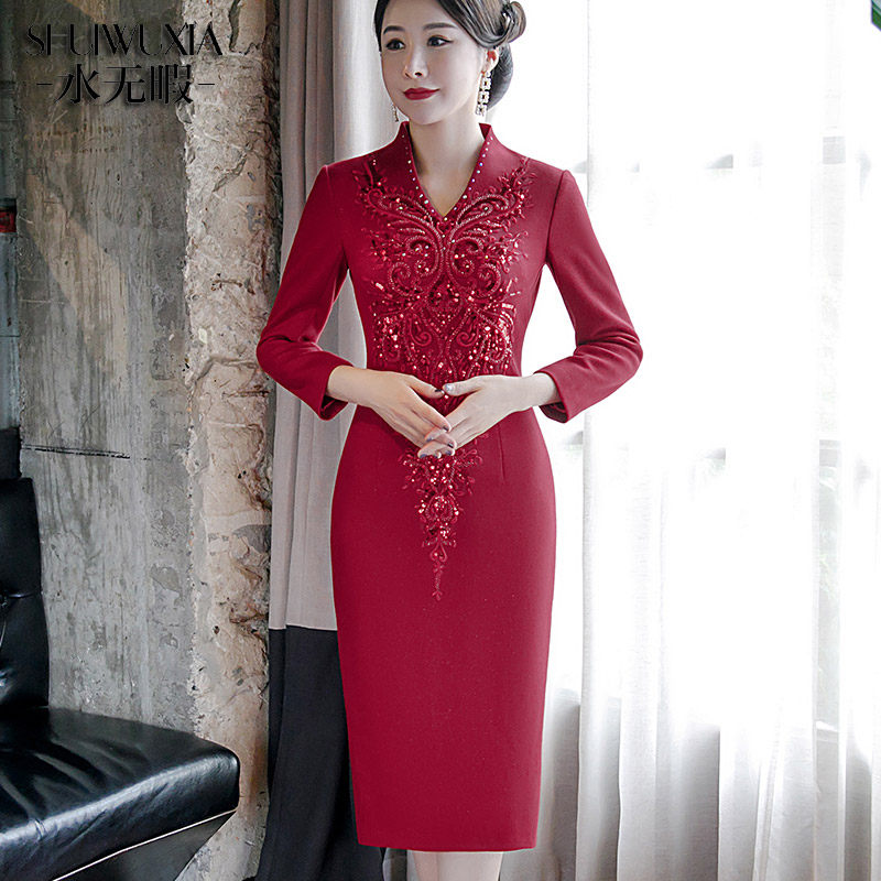 妈妈婚宴装礼服连衣裙高贵秋冬参加婚礼敬酒服高端喜婆婆装羊毛裙