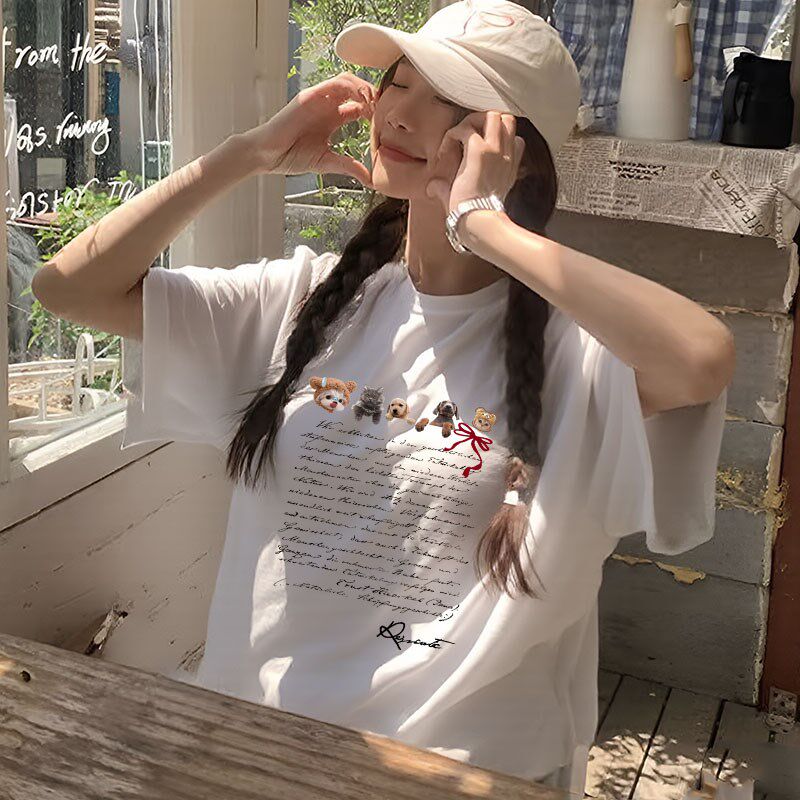 短袖t恤女2025新款纯棉夏季白色宽松圆领上衣小众设计感女生t恤衫