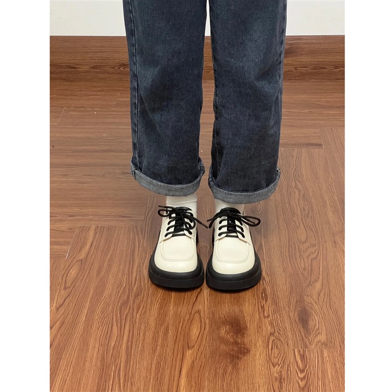 松糕厚底小皮鞋女2024秋冬季新款白色英伦风圆头系带百搭日系单鞋