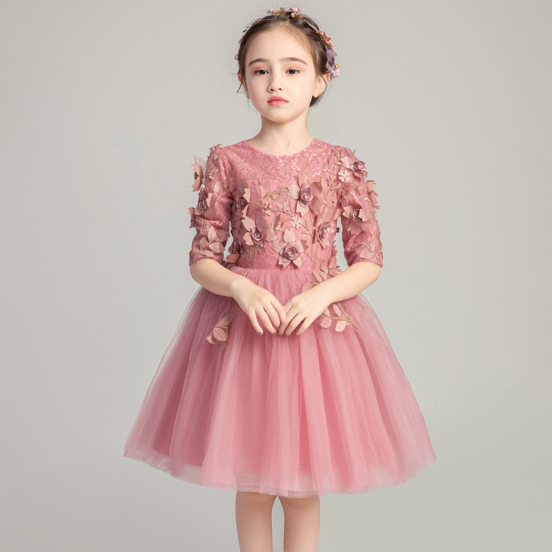 儿童晚礼服公主裙女童婚纱小花童蓬蓬纱主持人钢琴表演服长袖冬天