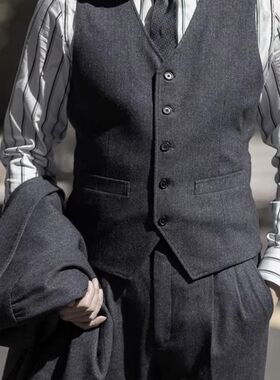秋冬季男浴血黑帮咔叽英伦复古休闲马夹职业商务绅士修身西装背心