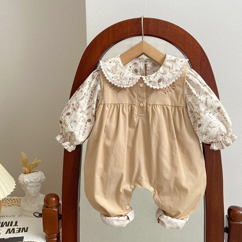 新生婴儿衣服春秋装碎花背带裤两件套外出服一周岁女宝宝春季套装