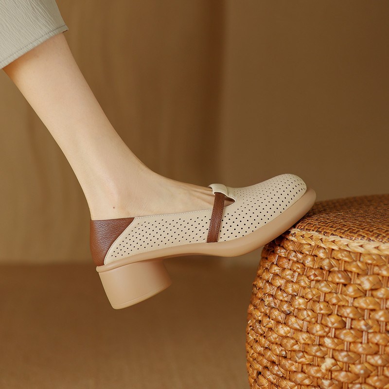 2024春新款真皮厚底圆头拼色小皮鞋女粗跟松糕底杏色镂空懒人单鞋
