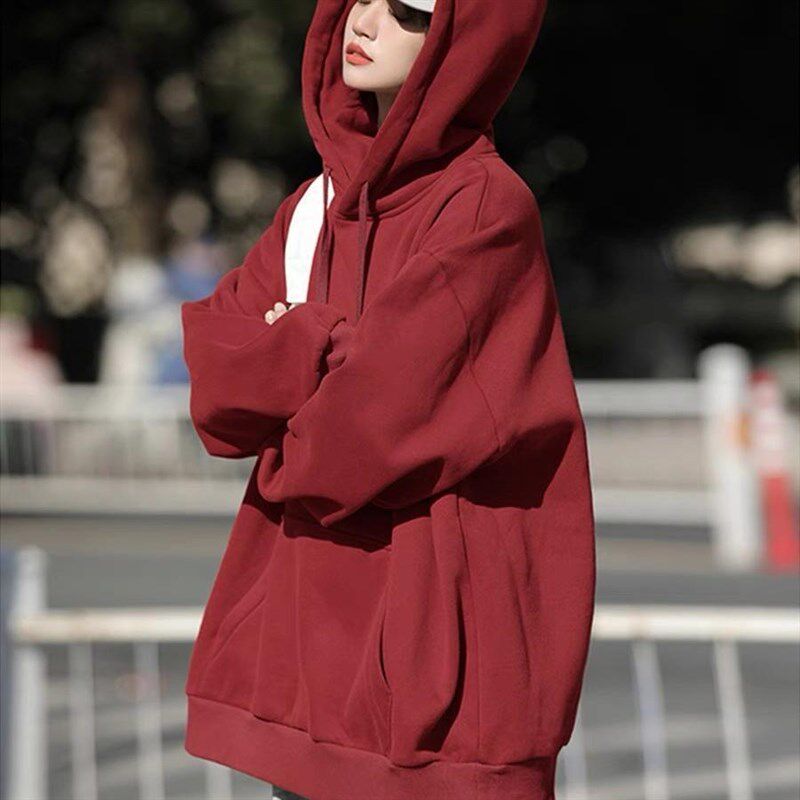 美式潮牌纯色连帽卫衣女宽松慵懒风春秋薄款秋冬百搭简约情侣外套