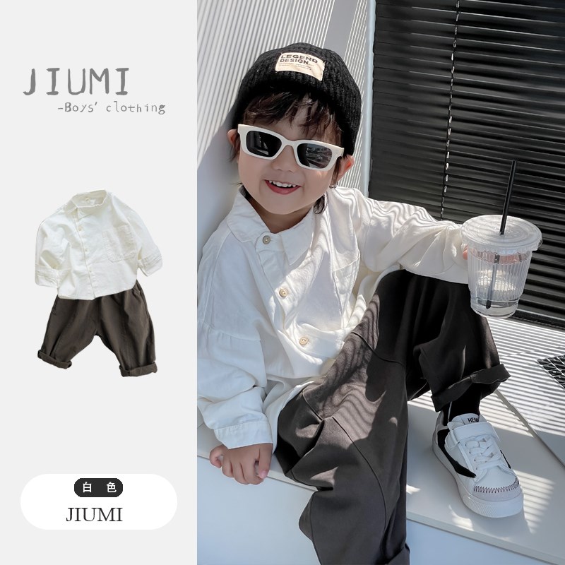 男童白色衬衫套装2024春季新款中小童长袖宽松衬衣儿童韩版春装潮