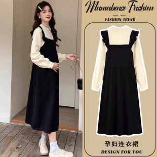 针织裙 高级感简约假两件拼接宽松长袖 孕妇连衣裙套装 秋冬2024新款